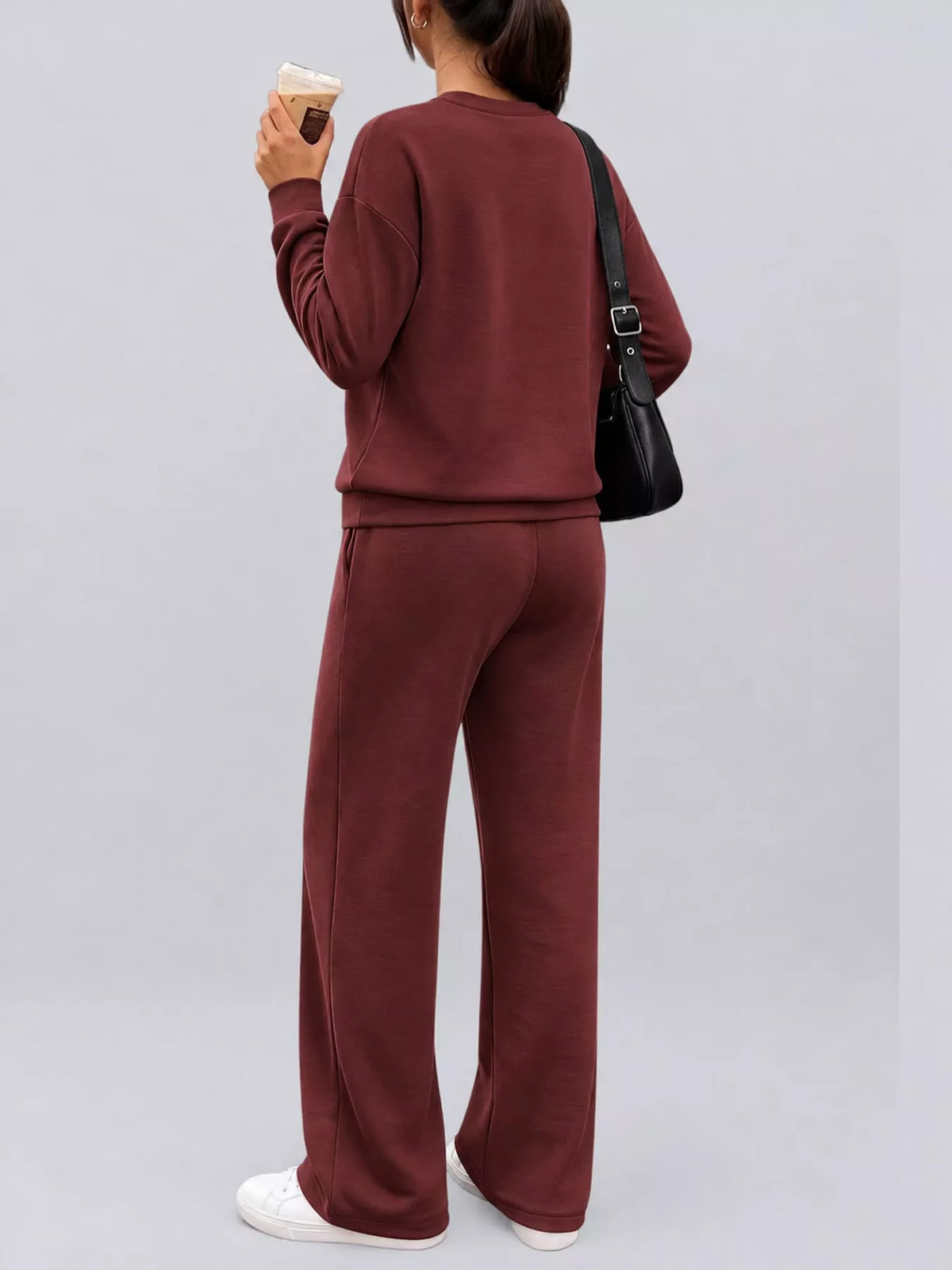 Maroon button detail top and wide-leg pants set — back view