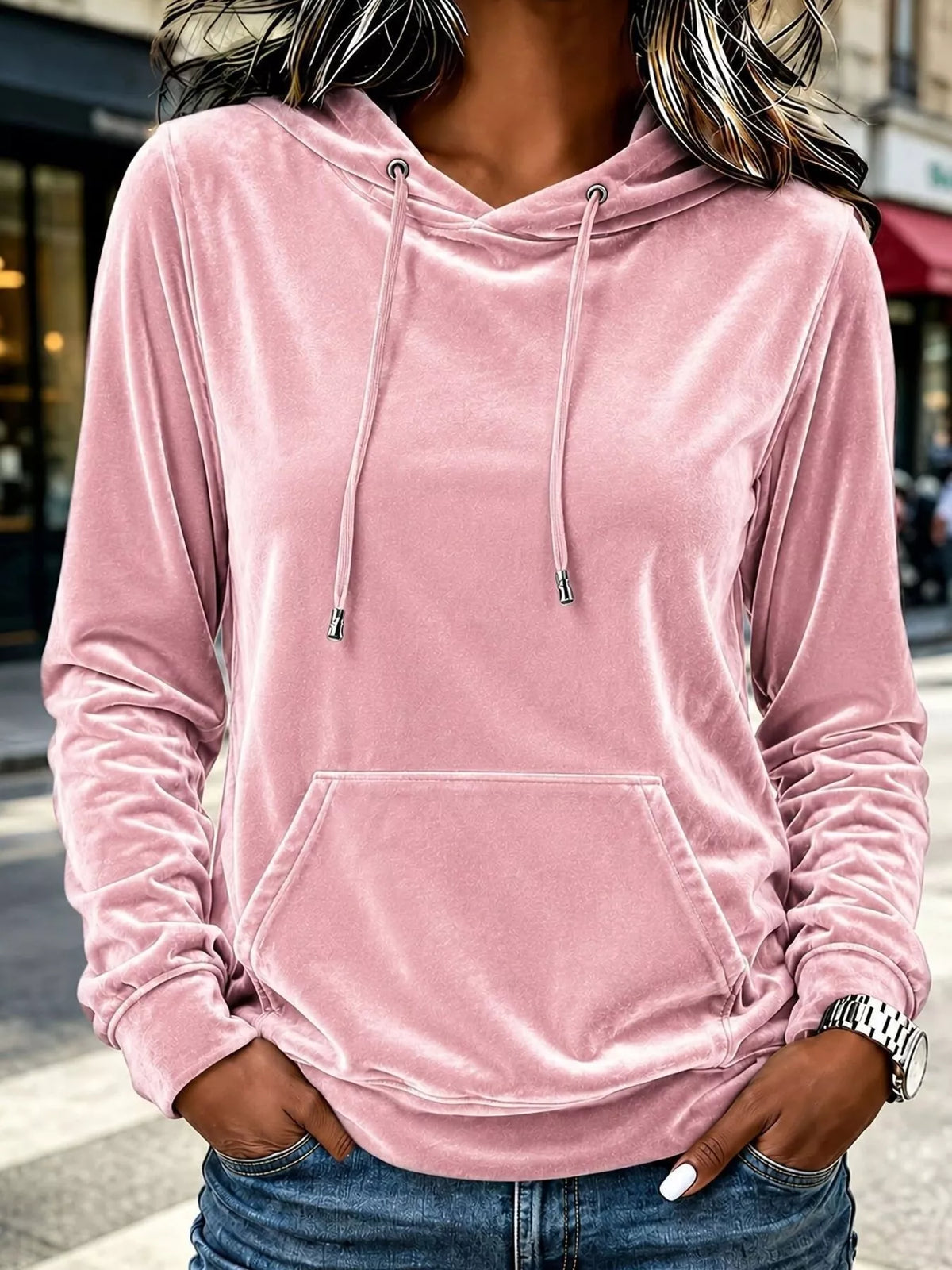 Women's Velvet Kangaroo Pocket Hoodie in Dusty Pink, front view