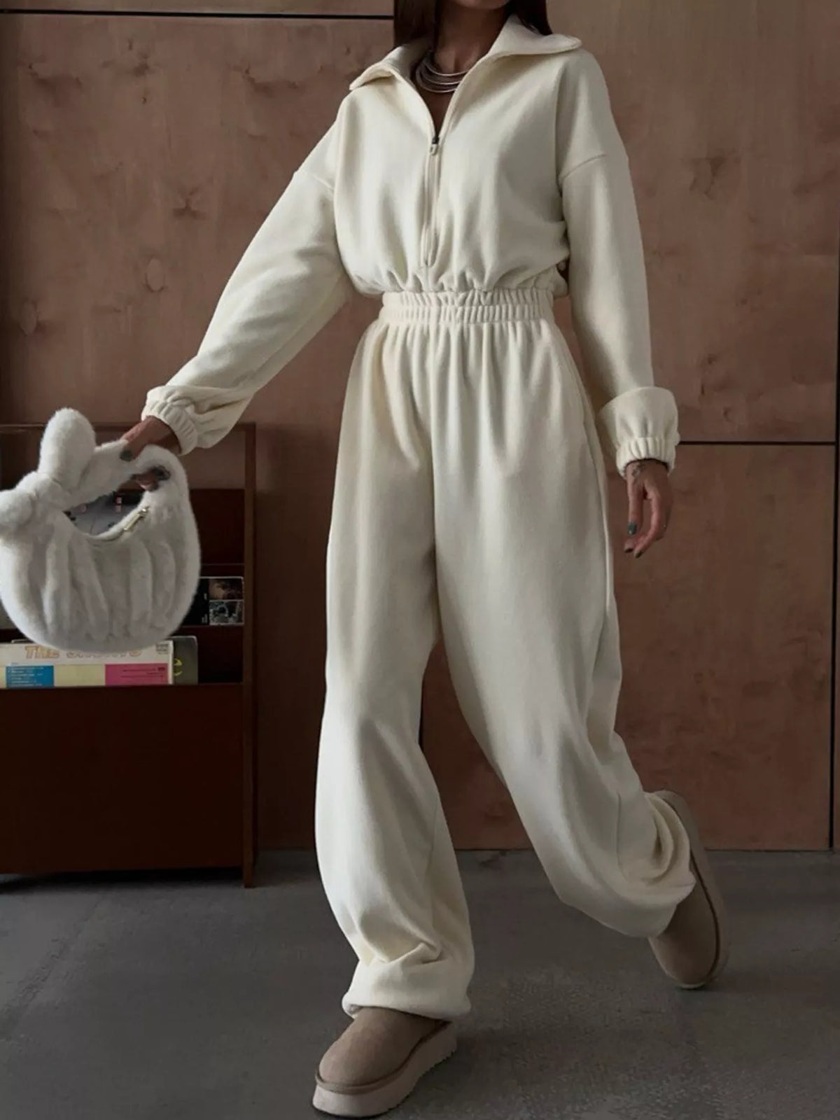Zip Front Long Sleeve Jumpsuit — front view