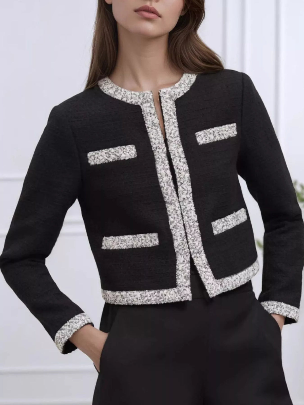 Black Tweed-Trim Open-Front Jacket with Pockets studio front view