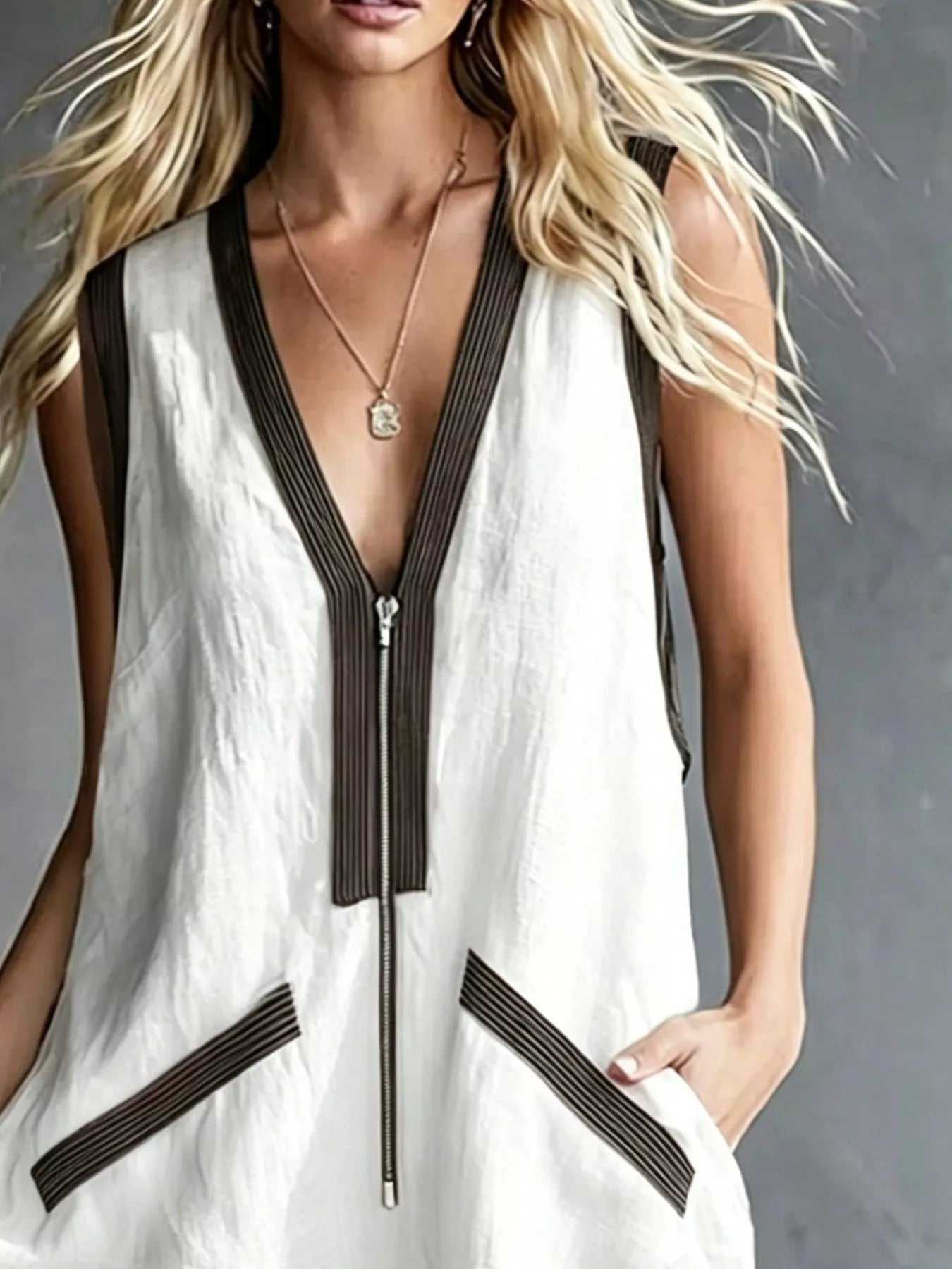 Trendsi V-Neck Zipper Front Romper with Contrast Trim -