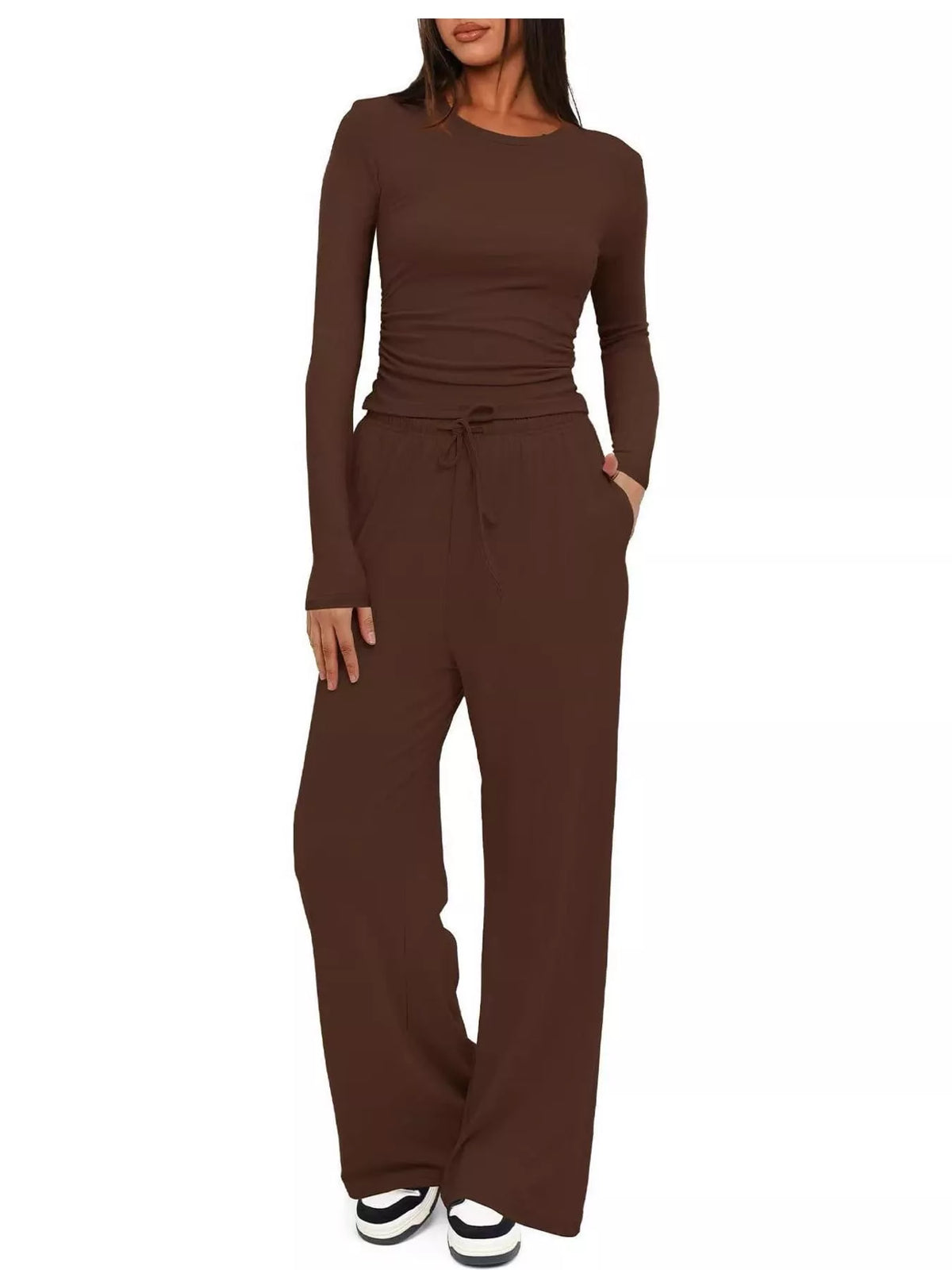 Long Sleeve Top and Wide-Leg Drawstring Pants Set — front view