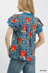 Trendsi Umgee Abstract Print Flutter Sleeve Blouse -