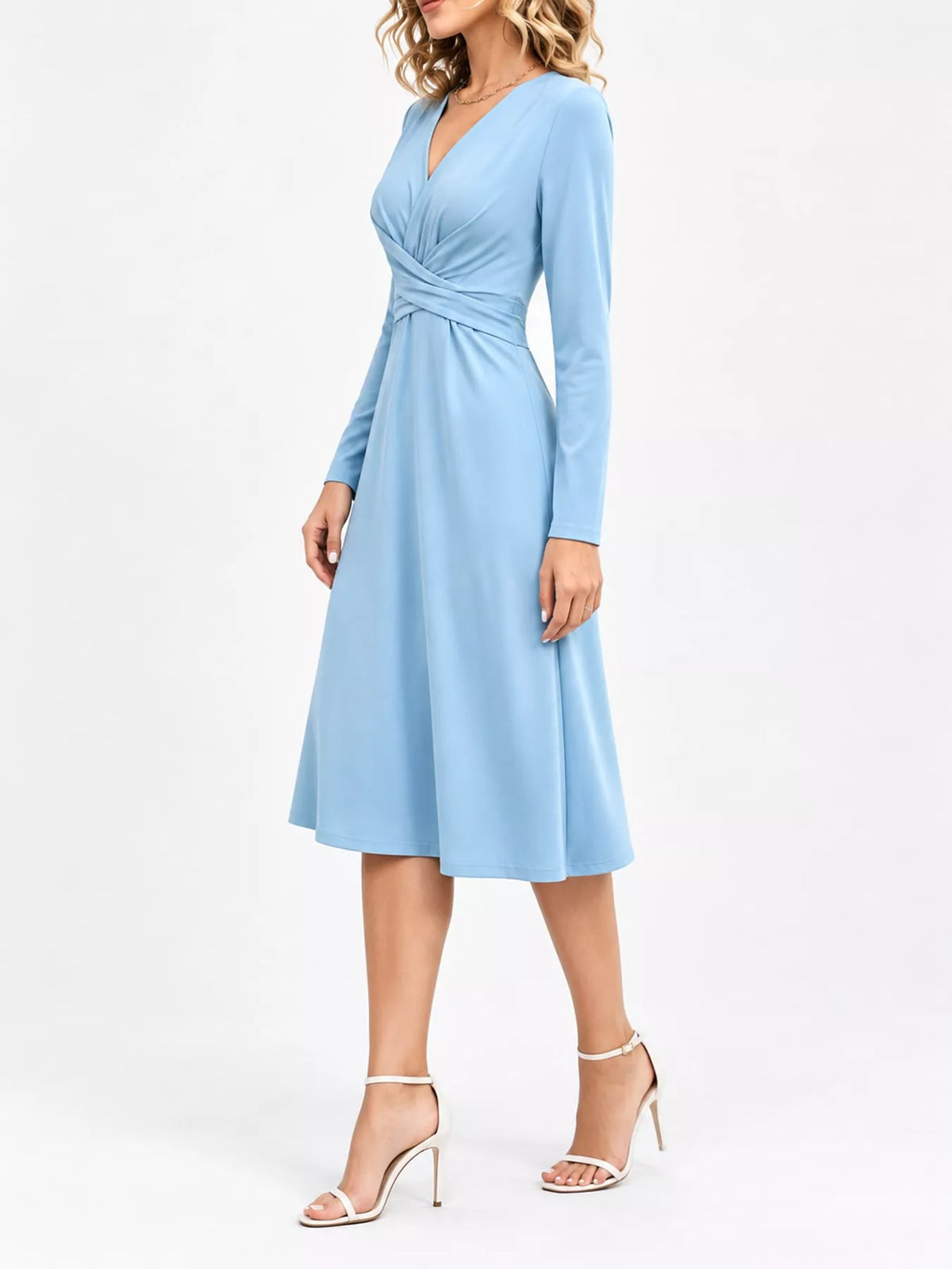 Light blue long sleeve ruched-front midi dress, side view
