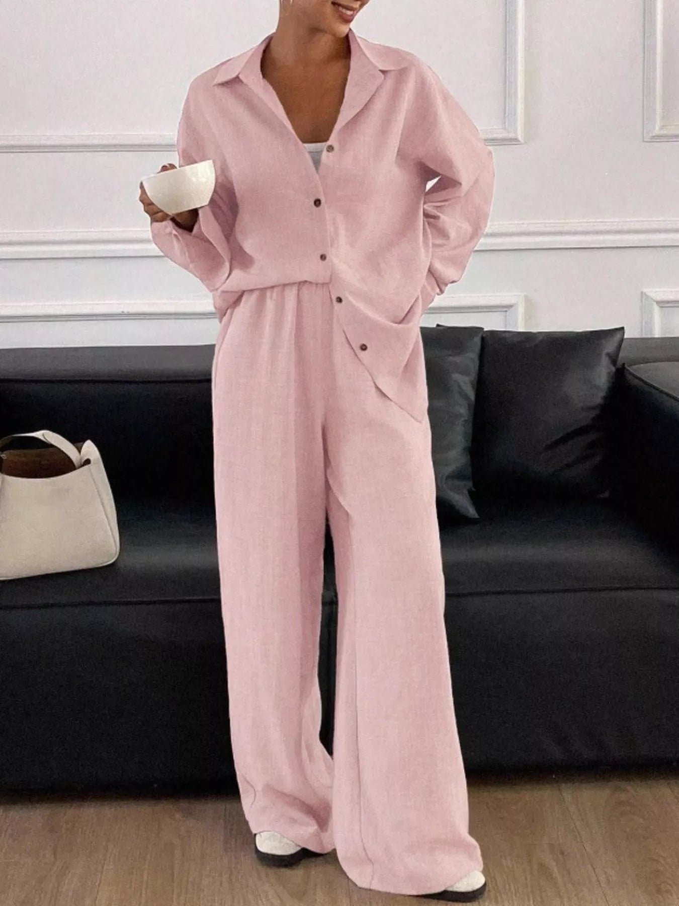 Trendsi Button Up Long Sleeve Shirt and Wide Leg Pants Set -