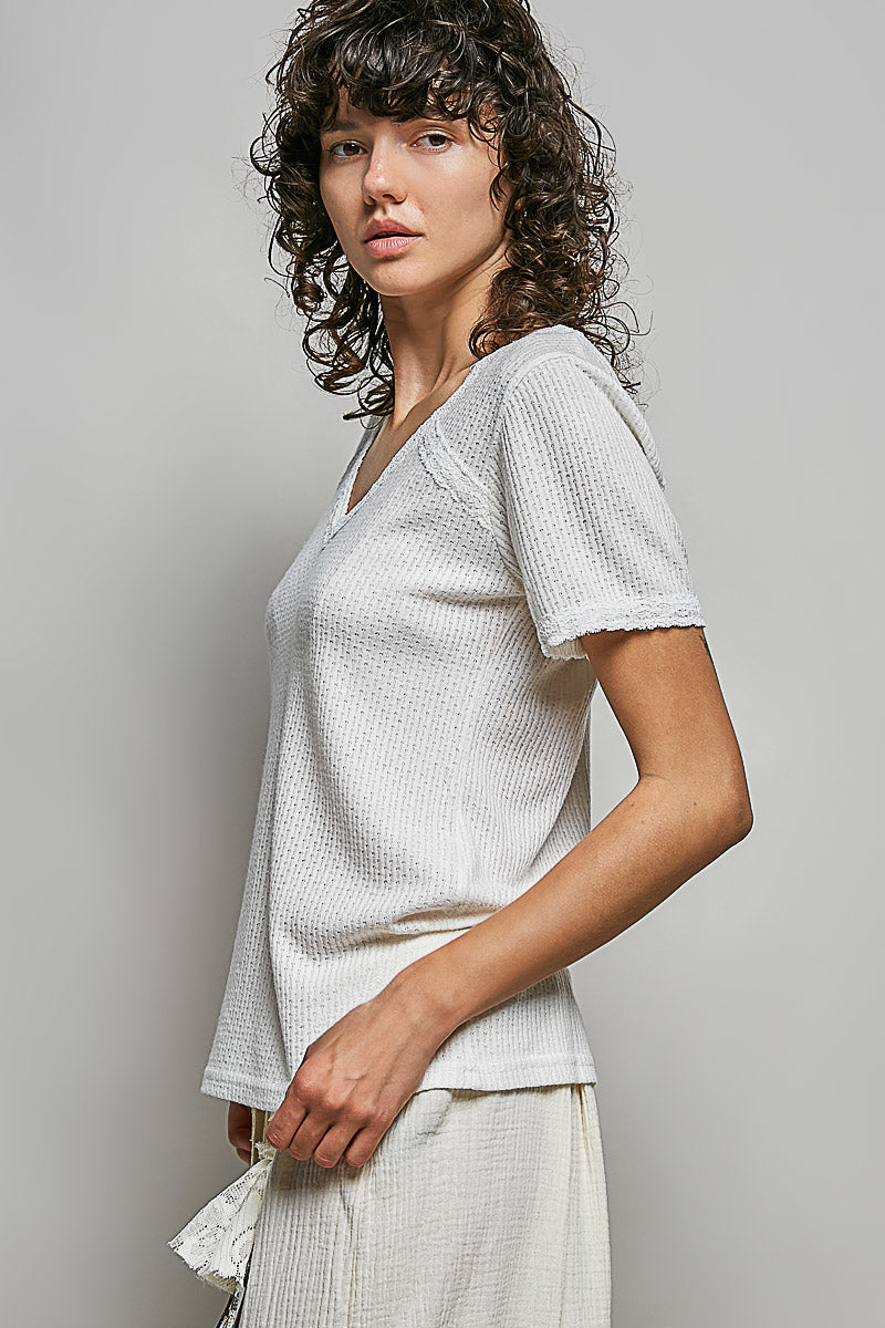 Women's Lace-Detail V-Neck Short Sleeve Textured T-Shirt — product view 3