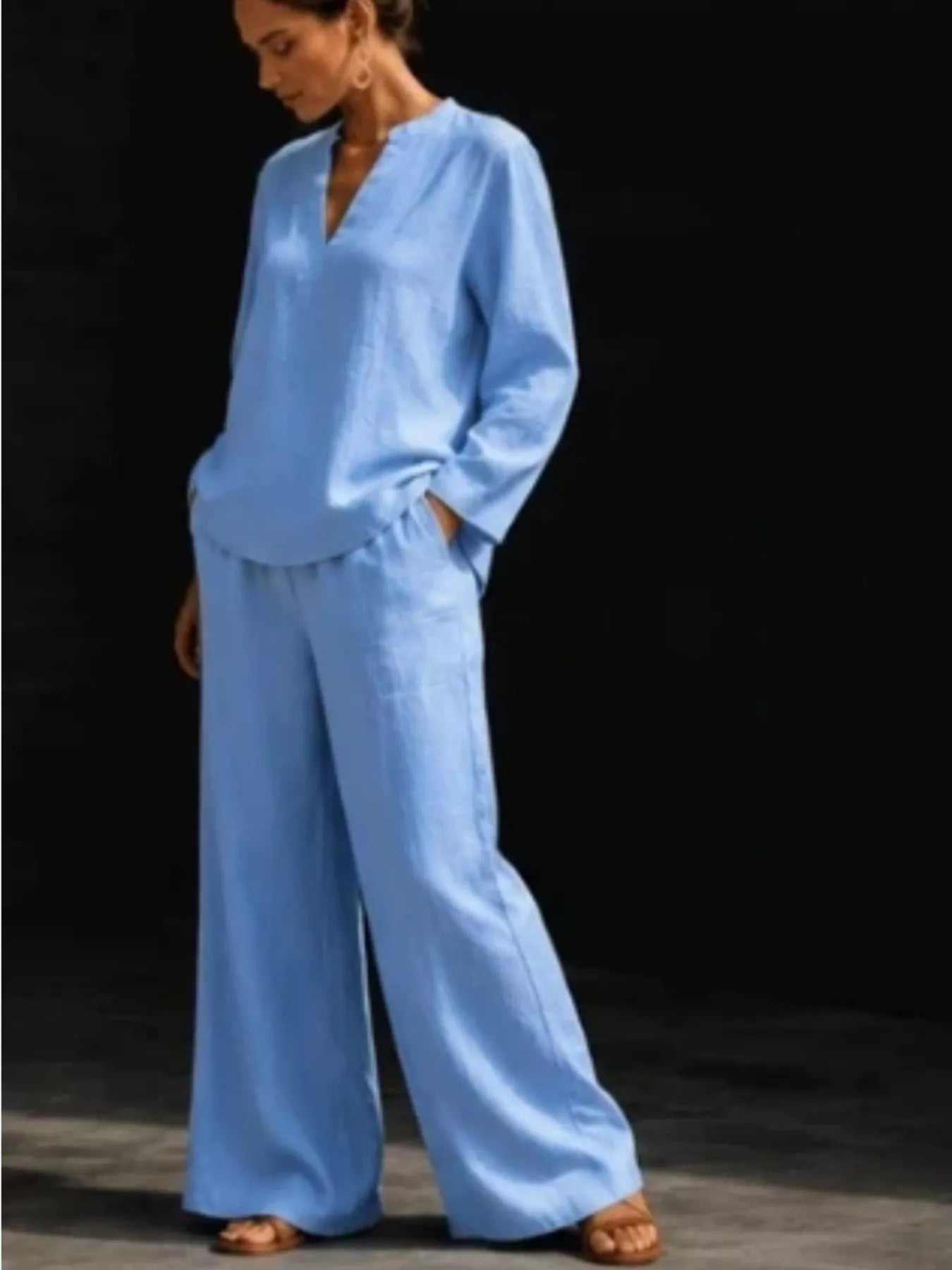Trendsi Notched Long Sleeve Top and Pants Set -