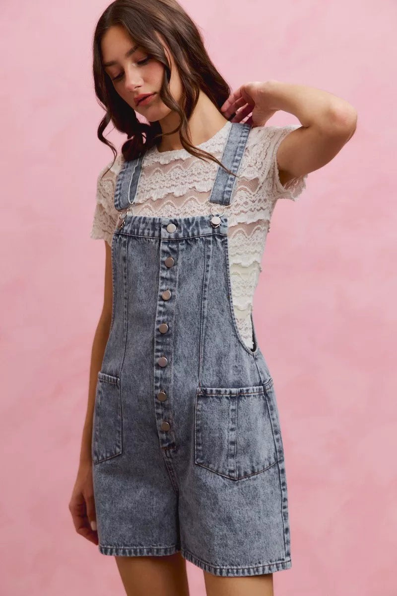 Women's Denim Romper With Adjustable Straps Button Front Acid Wash — product view 6