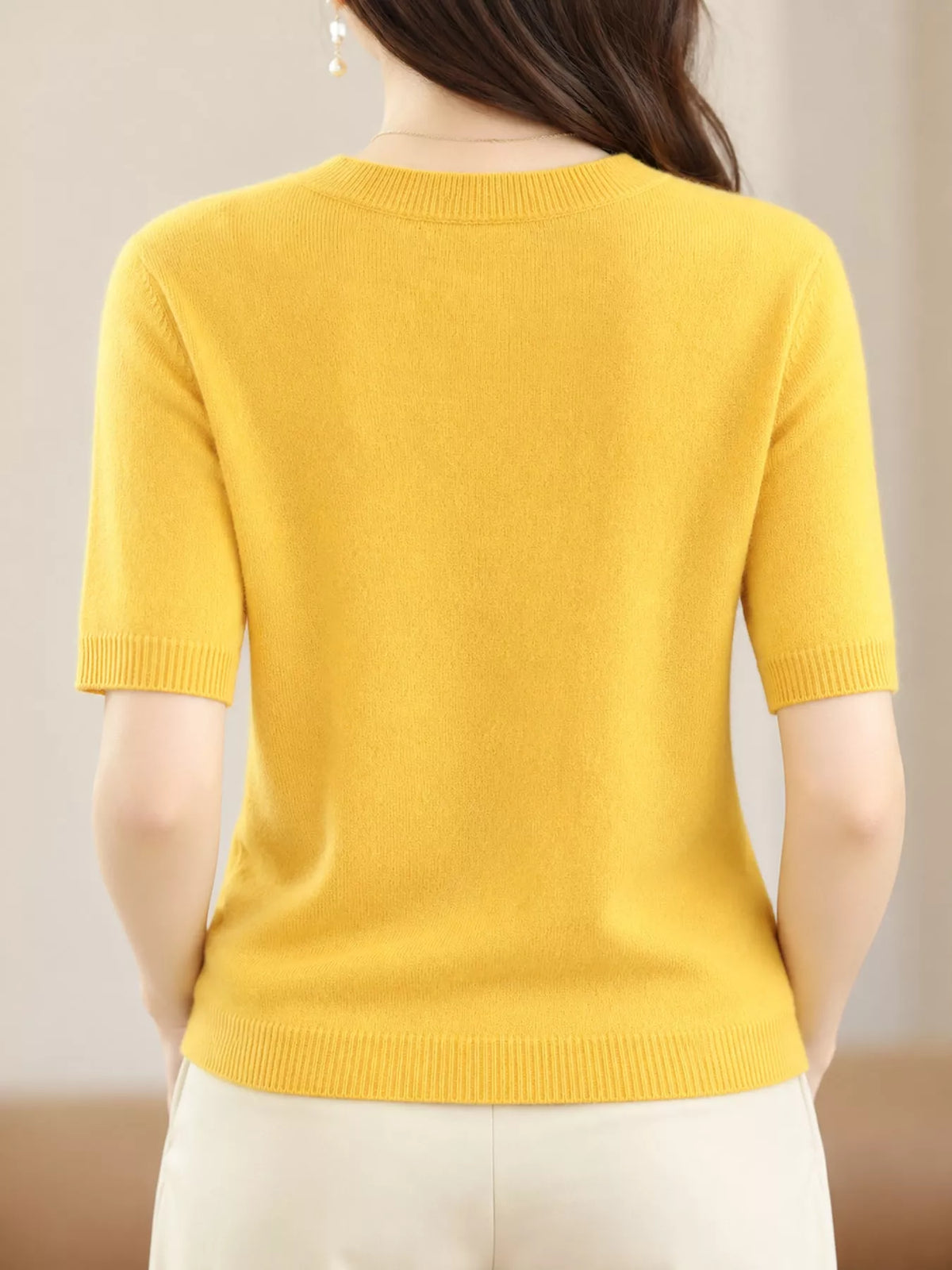 Mustard Yellow round neck short-sleeve sweater, back view