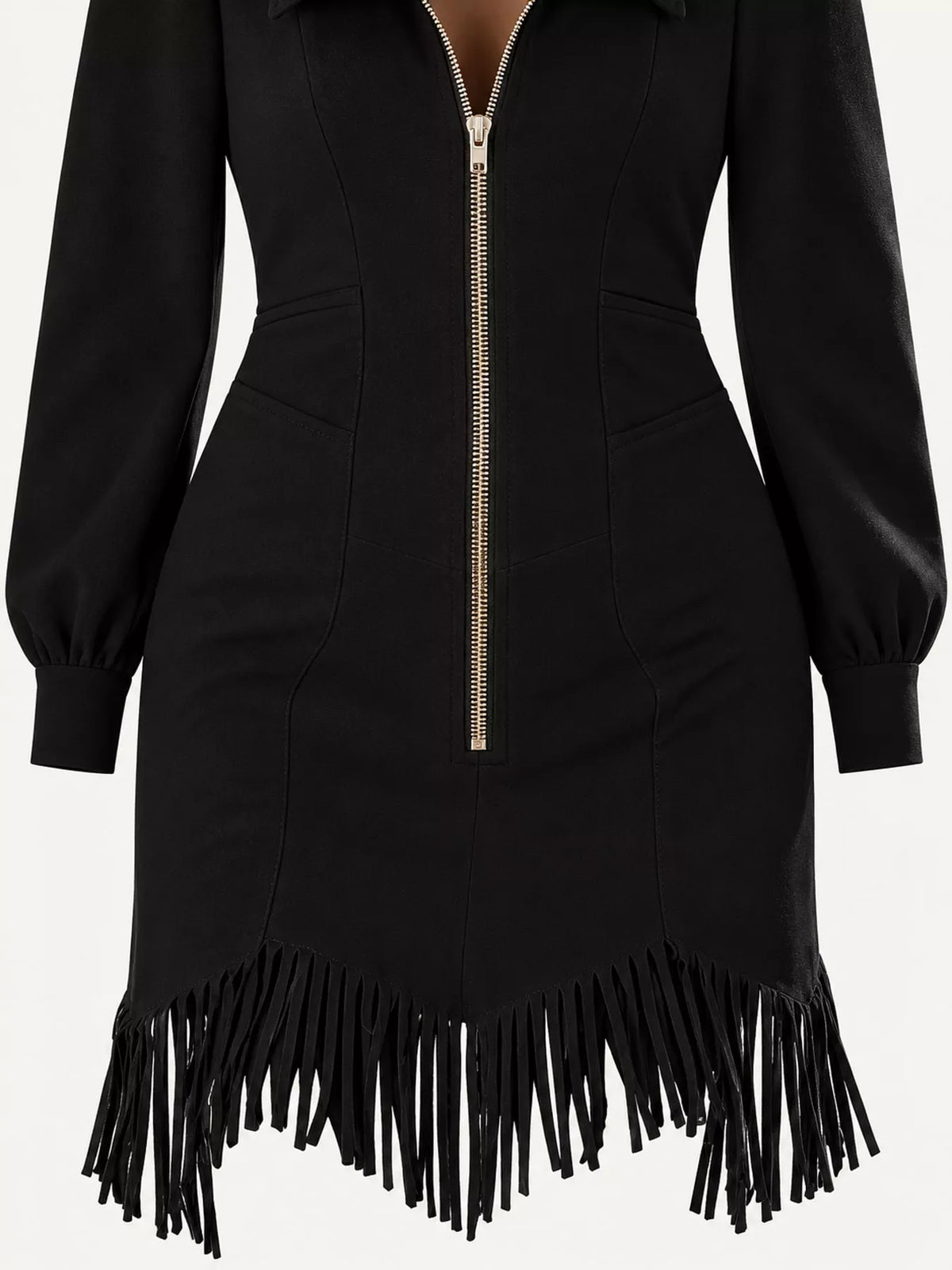 Black zip front long sleeve fringe mini dress, detail view