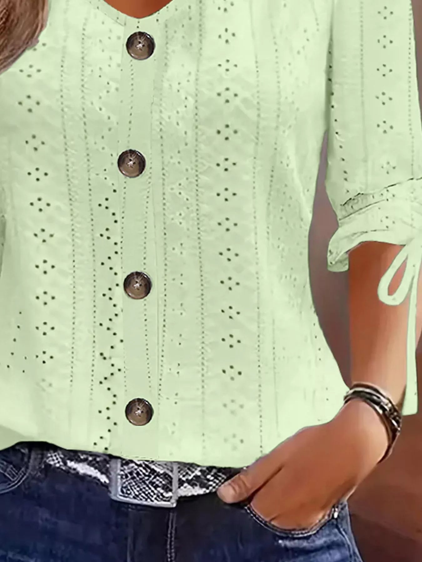 Trendsi Eyelet Tie-Sleeve Detail Top -