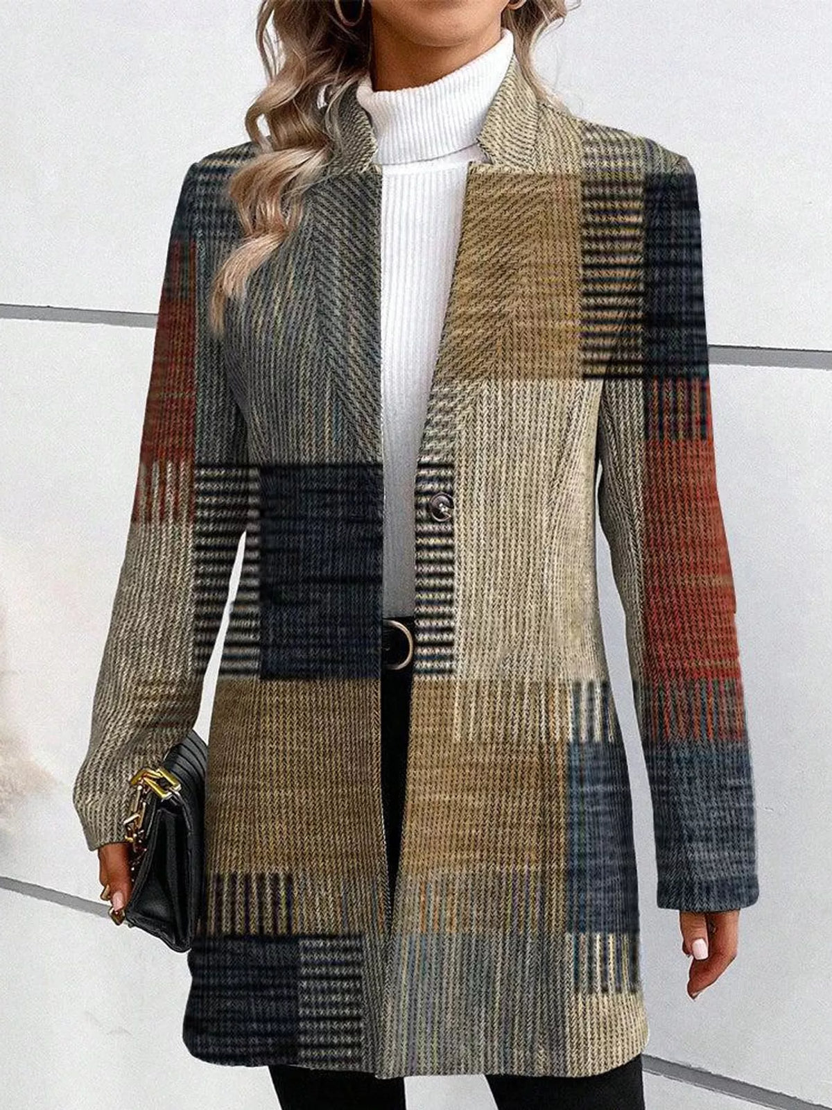 Women's Patterned Notched Lapel Longline Coat in multicolor check — front view