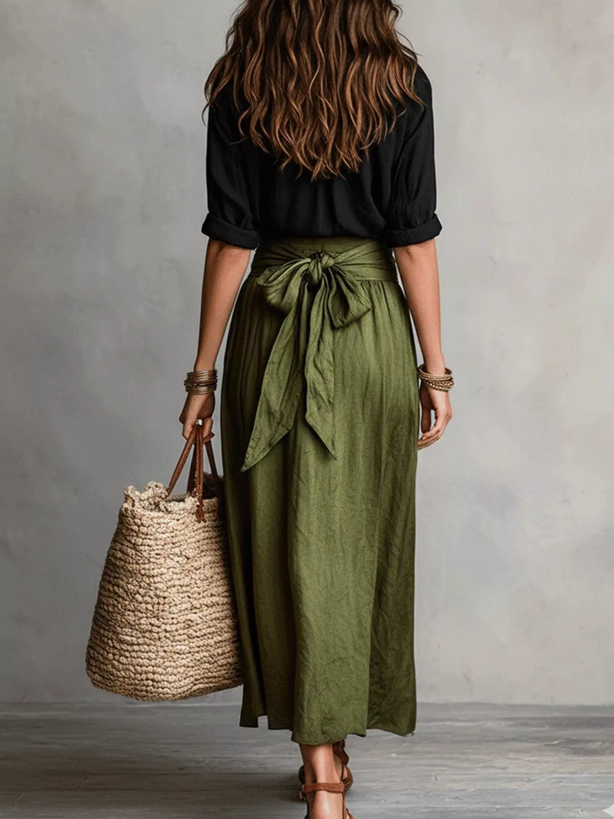 Black and olive green button-front shirt and skirt set, back view