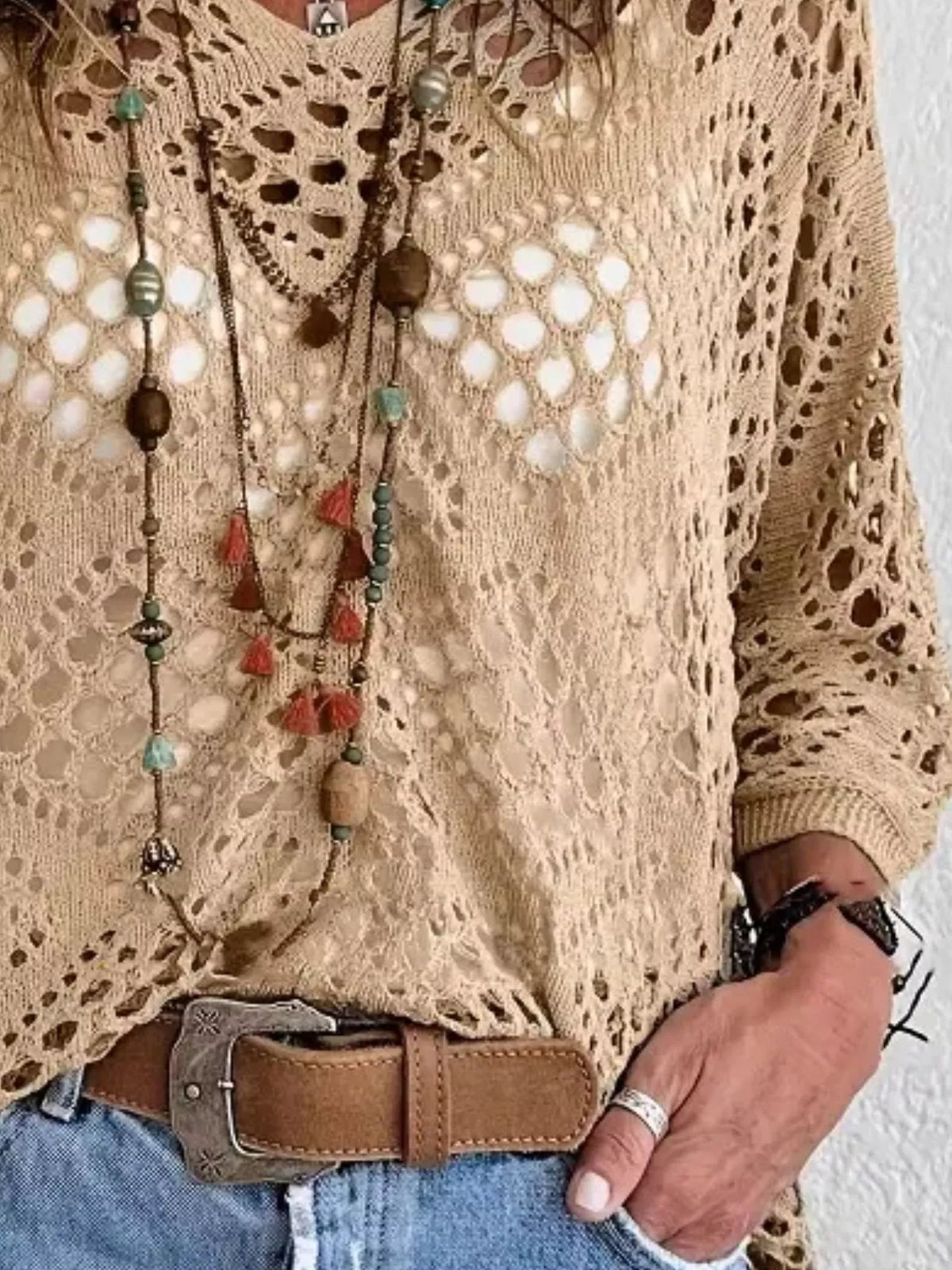 Camel openwork crochet cover-up, crochet detail