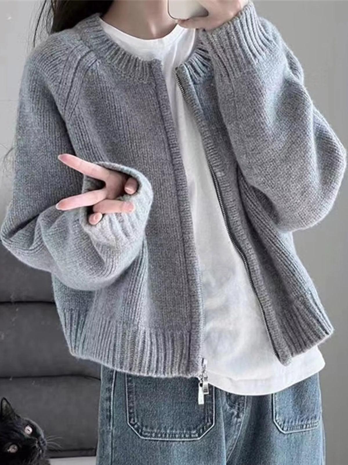 Ribbed-hem cardigan, gray open front