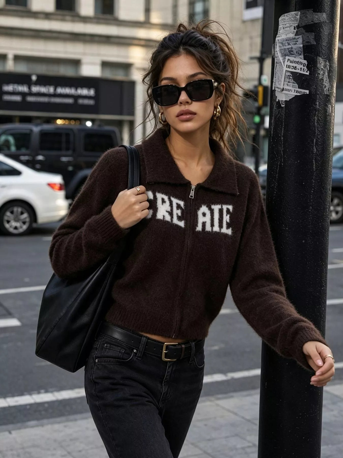 Brown fuzzy letter zip-up cardigan, walking front view.