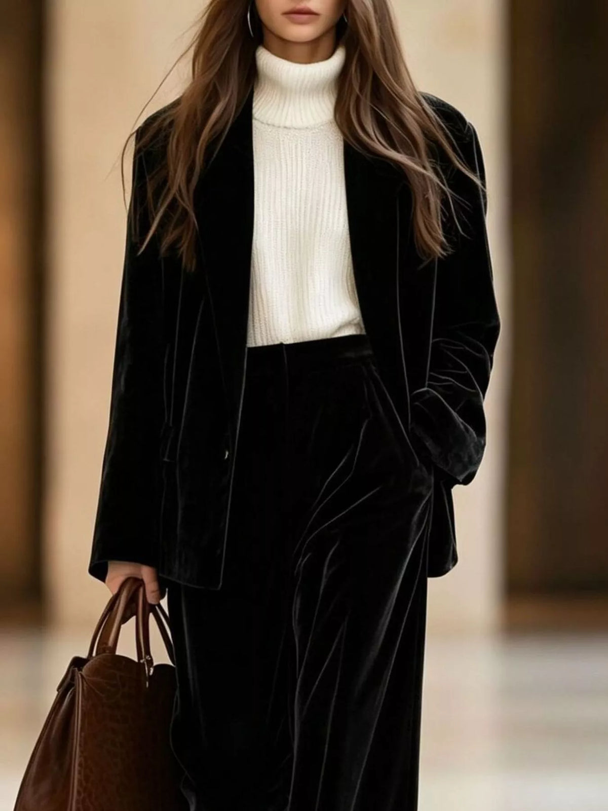 Black velvet blazer and wide-leg pants set, blazer and waist detail