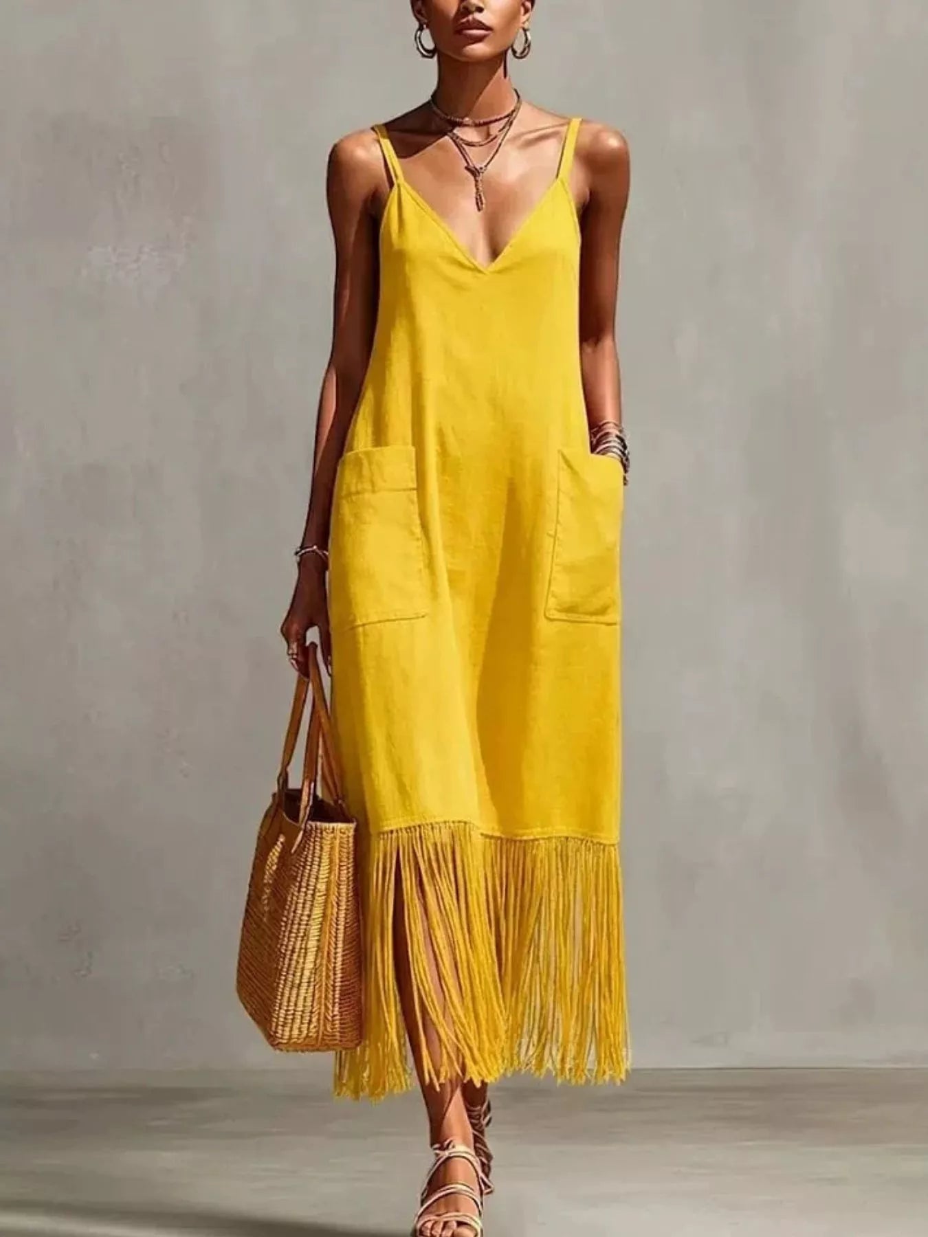 Trendsi Full Size Fringe V-Neck Spaghetti Strap Dress Plus Size -