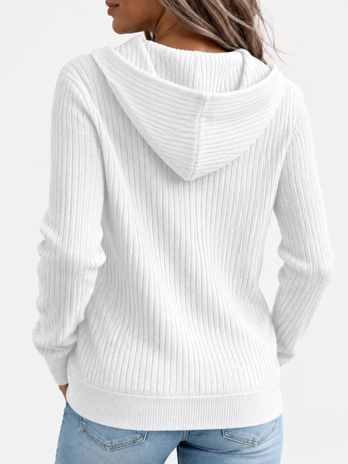White Ribbed Knit Zip-Up Hooded Cardigan, back view