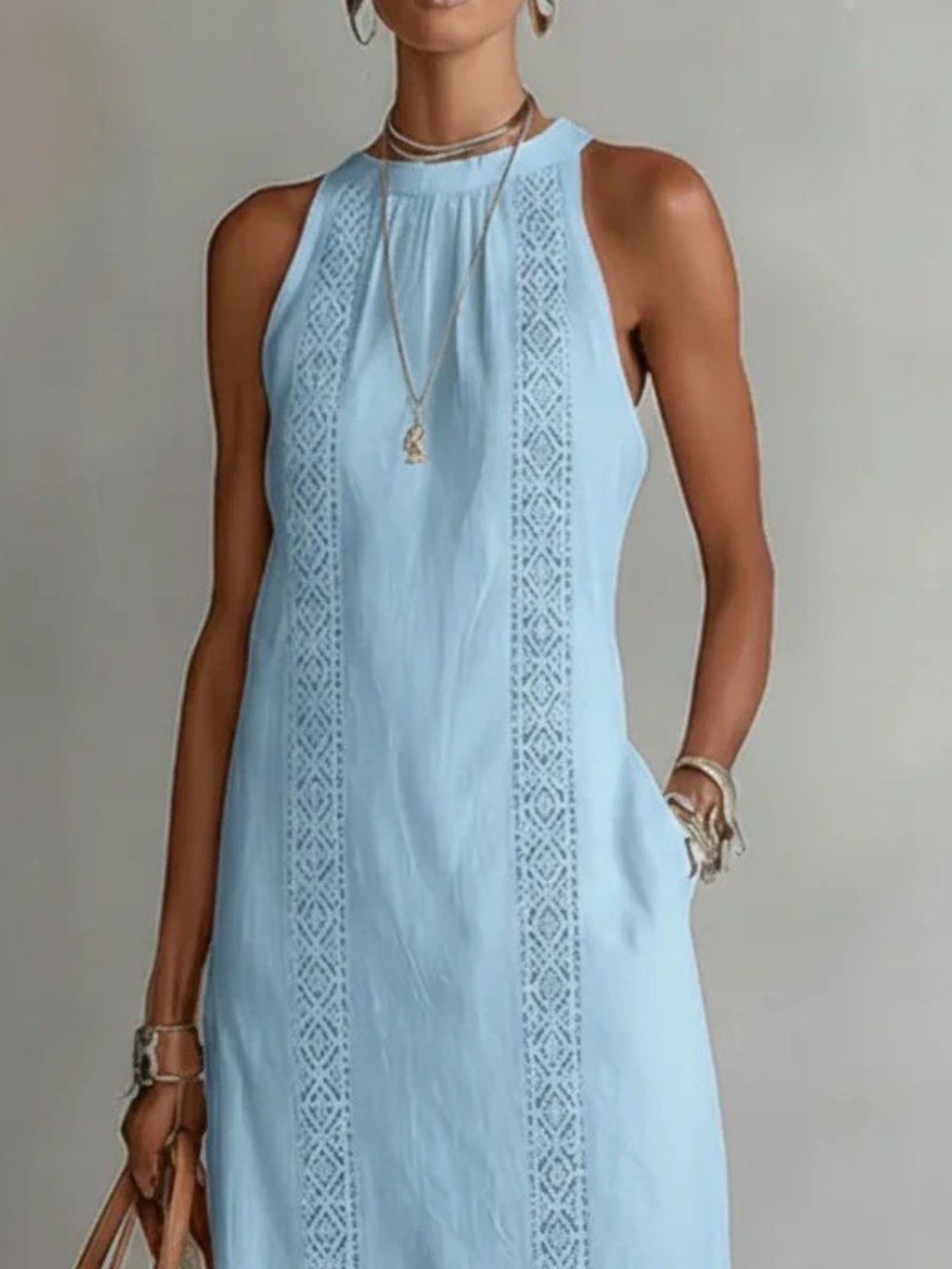 Trendsi Side Slit Sleeveless Hollow-Out Trimmed Midi Dress -