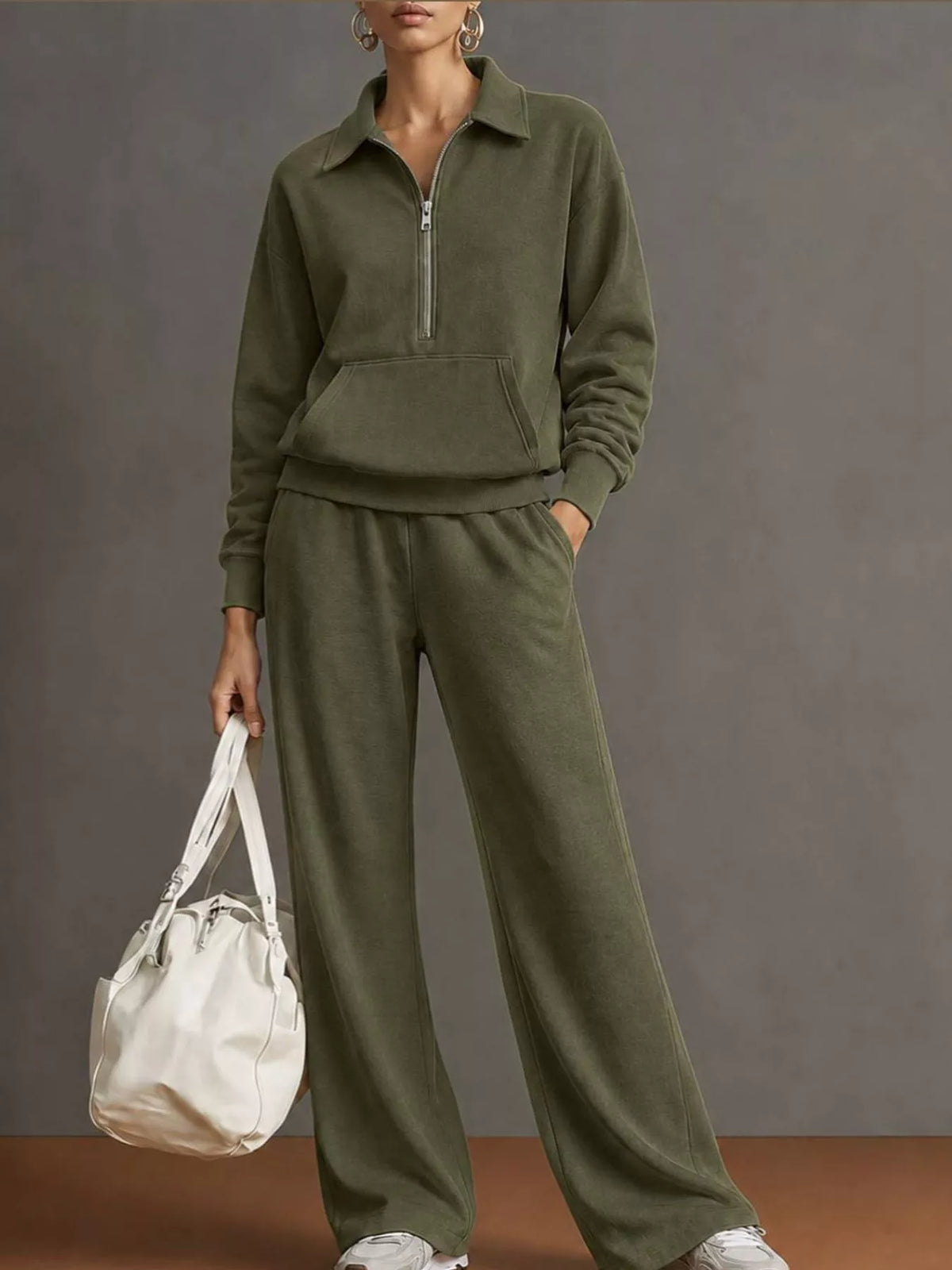 Half Zip Long Sleeve Top and Pants Set — front view