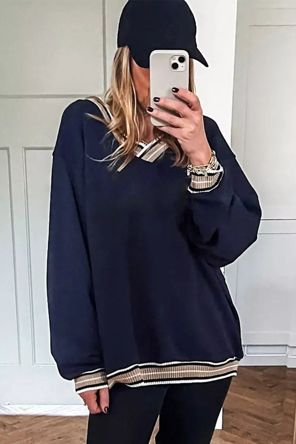 Trendsi Contrast Striped Trim V Neck Sweatshirt -