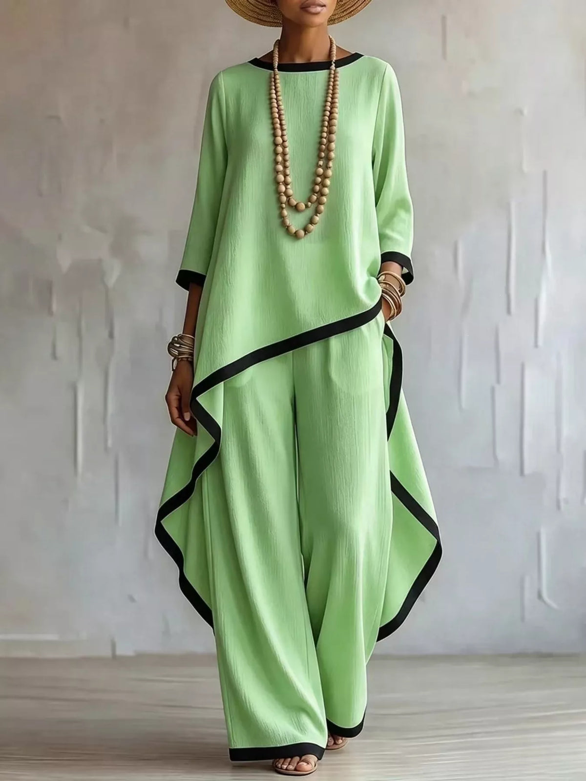 Green contrast-trim top and pants set, front view