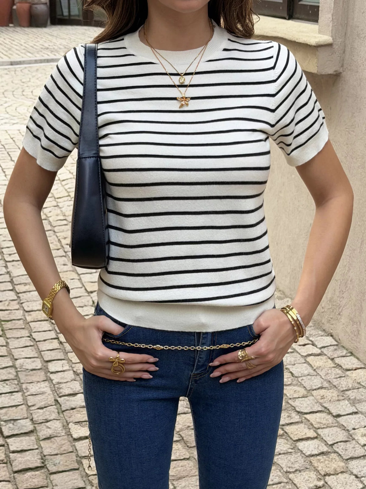 Striped short-sleeve knit top