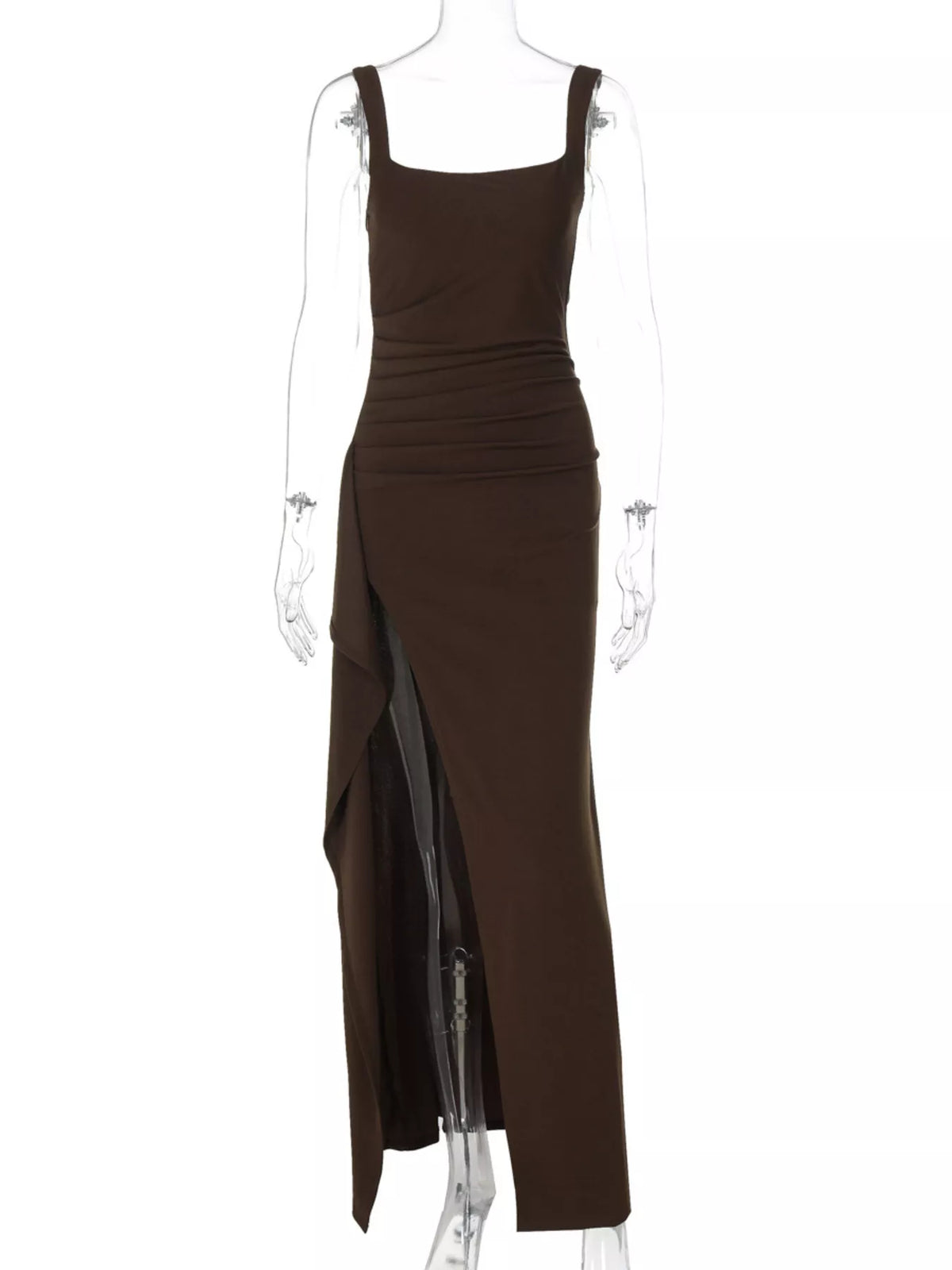 Brown slit square neck maxi dress