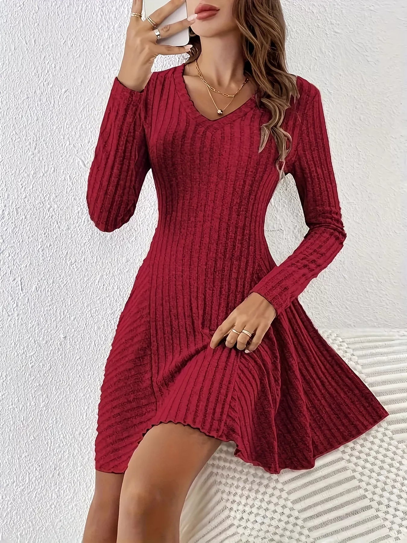 Trendsi V-Neck Ribbed Knit Flared Knit Dress -