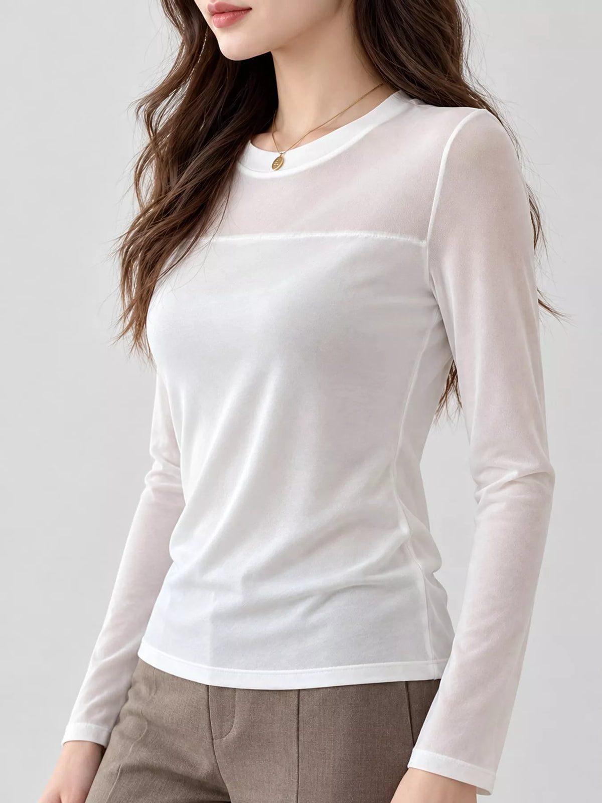 White sheer mesh patchwork long sleeve t-shirt
