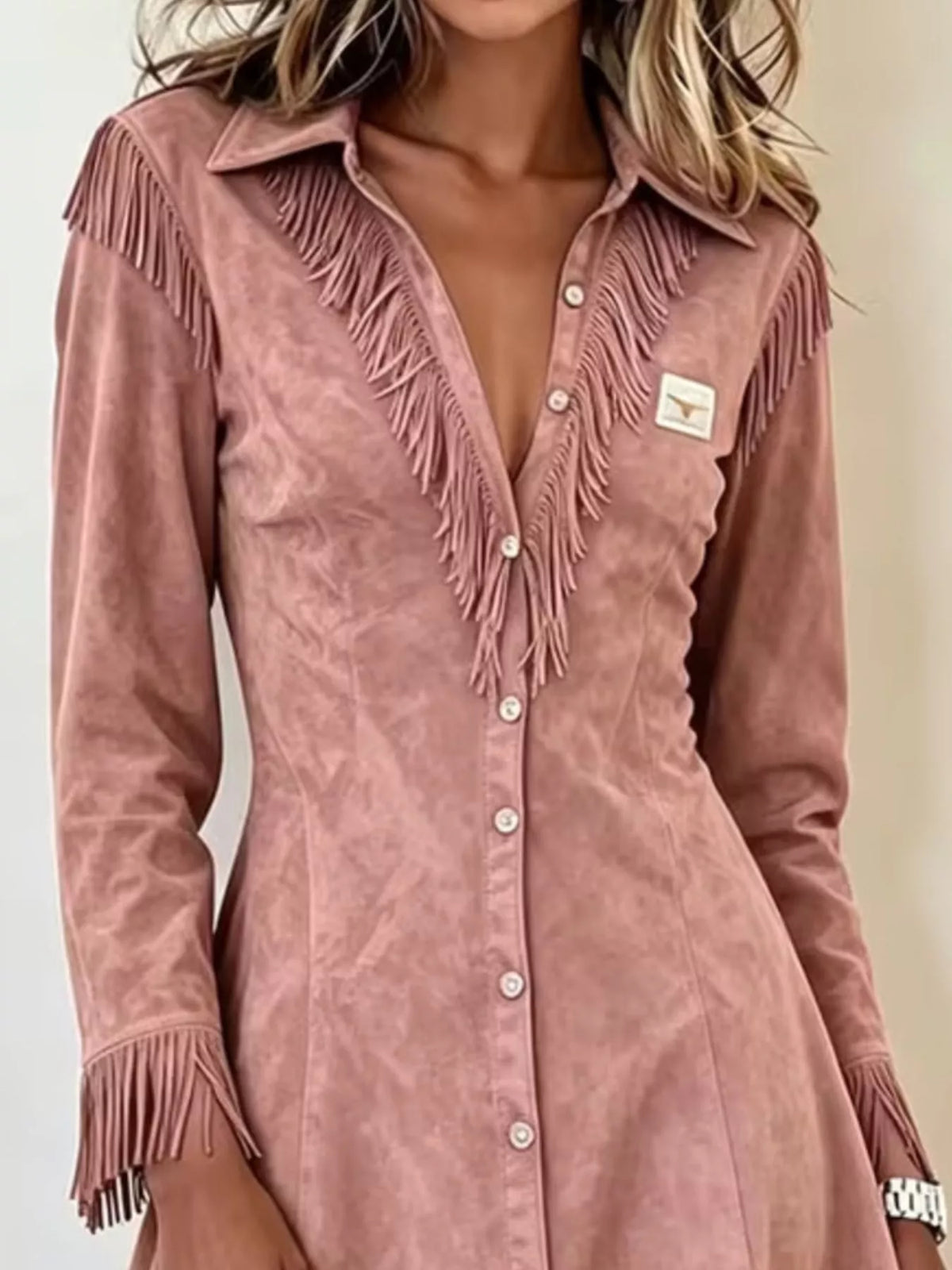 Long Fringe Button-Front Jacket in pink, fringe detail