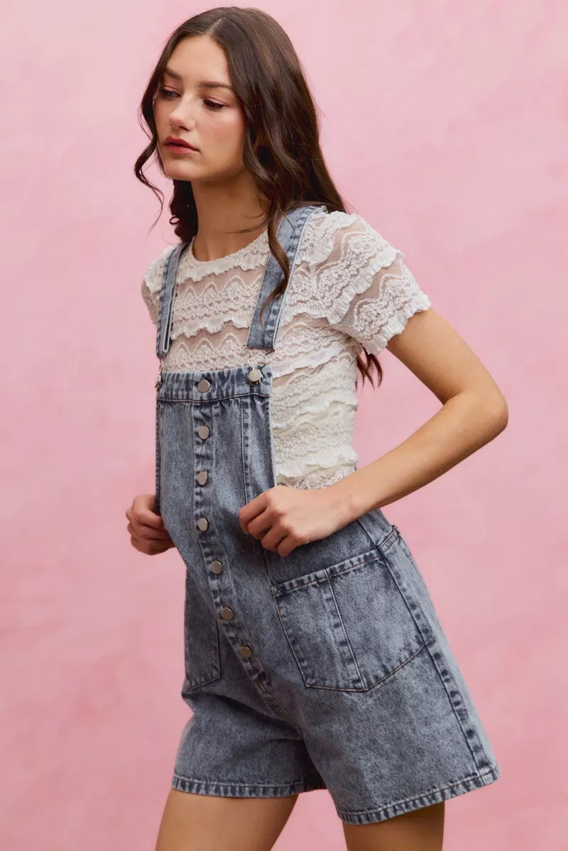 Women's Denim Romper With Adjustable Straps Button Front Acid Wash — product view 5