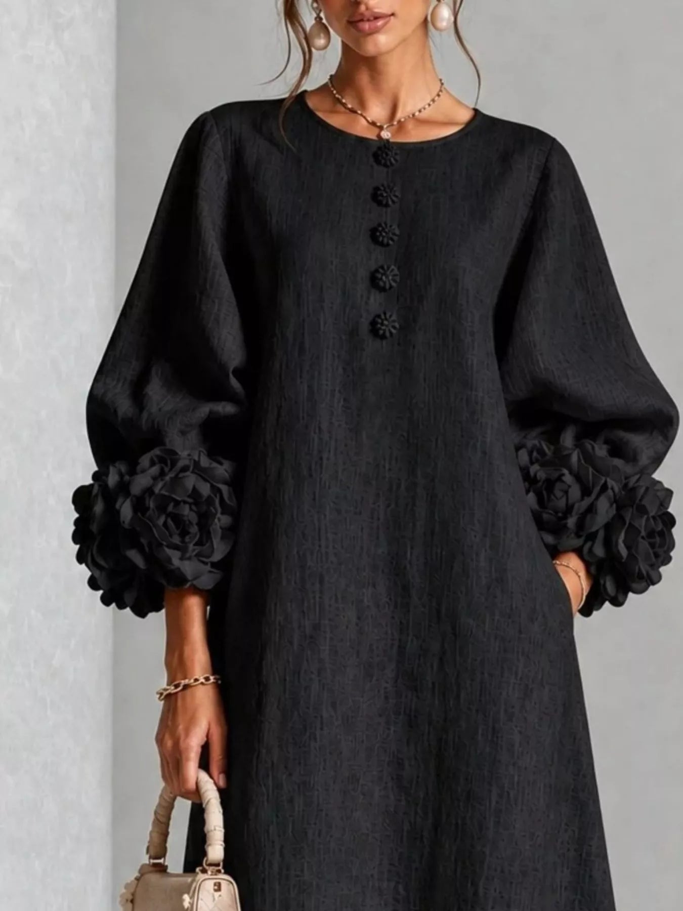 Trendsi 3D Floral Round Neck Midi Dress -