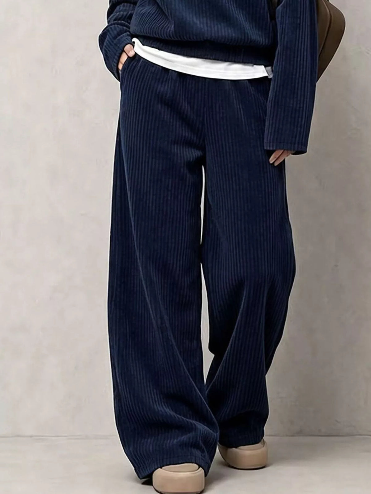 Women's Corduroy Button Detail Top and Wide-Leg Pants Set in navy — pants detail view