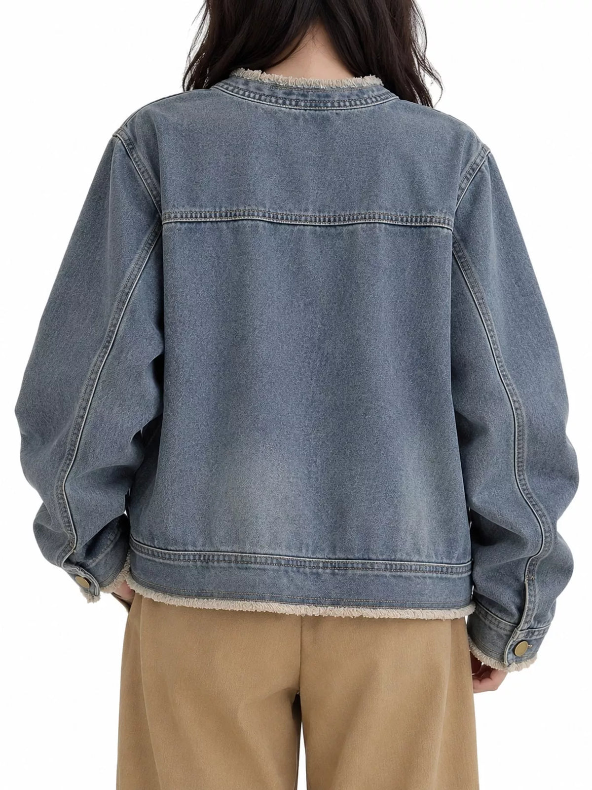 Distressed Frayed-Edge Denim Jacket with Utility Pockets — back view