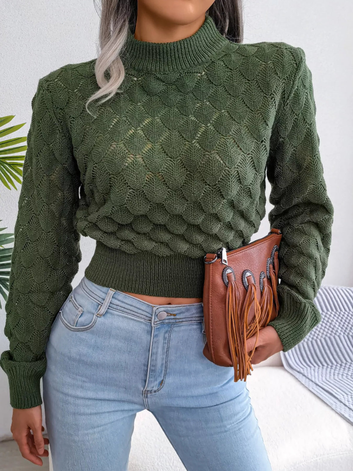 Mock Neck Textured Cropped Sweater in green, front view
