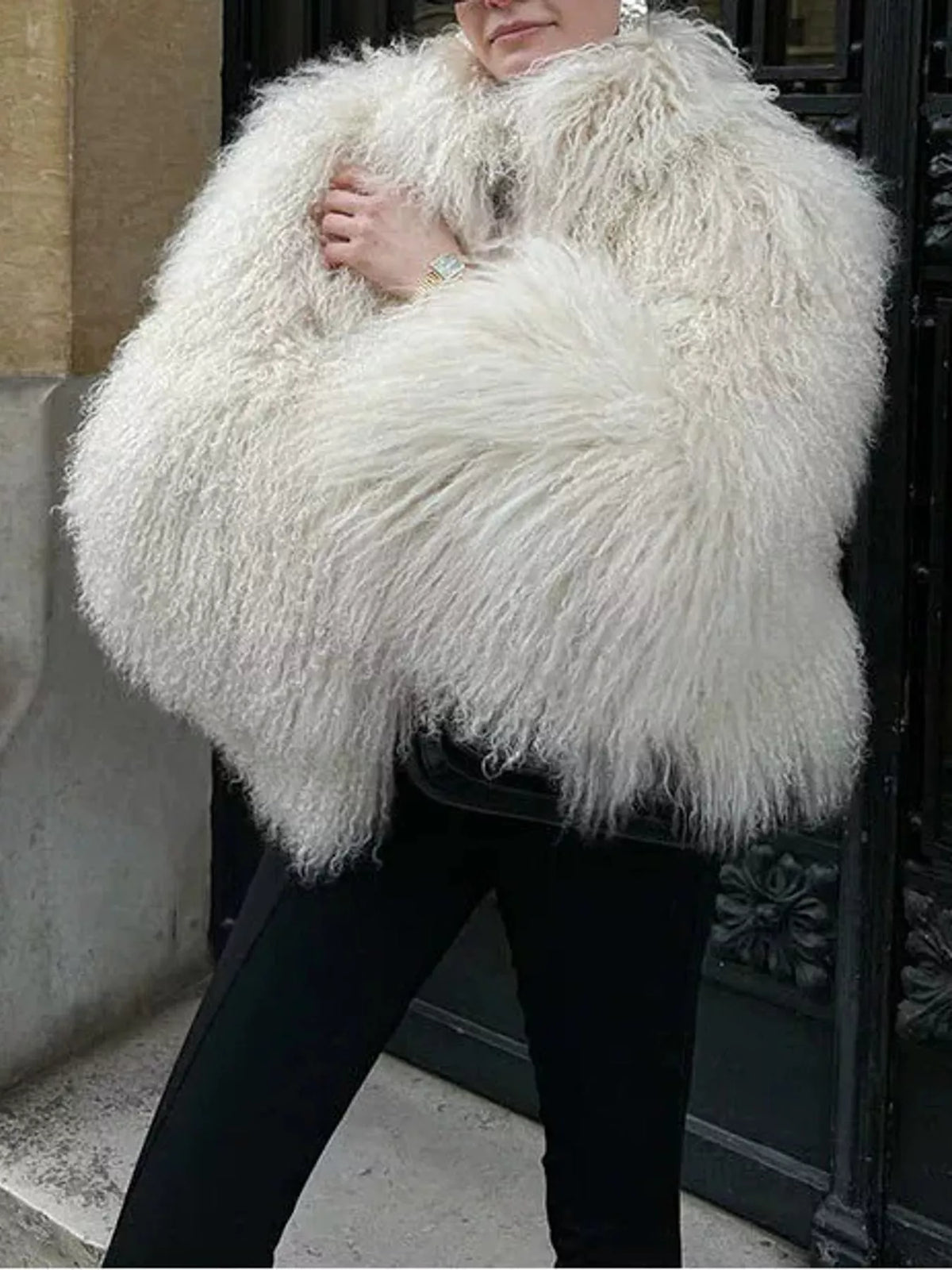 Collared long sleeve jacket, front view on model
