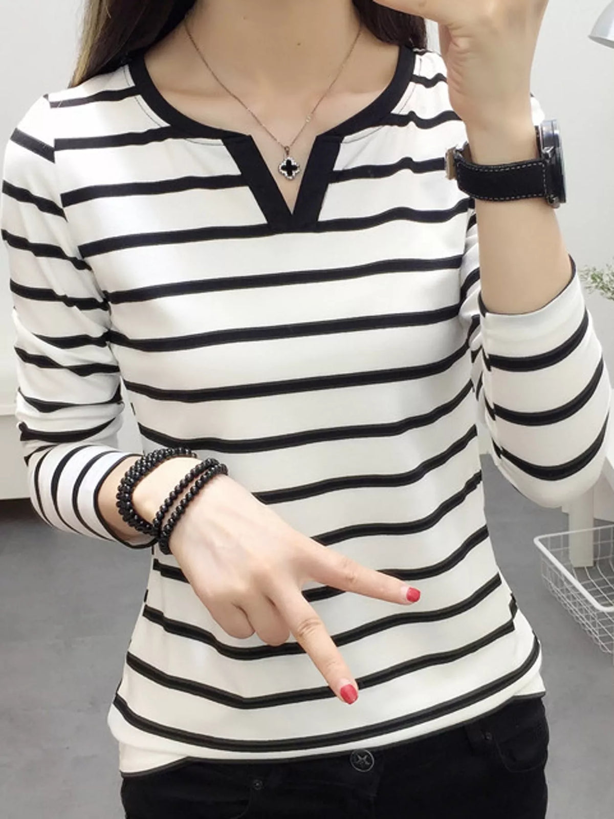 Striped Notched Long Sleeve T-Shirt in white and black