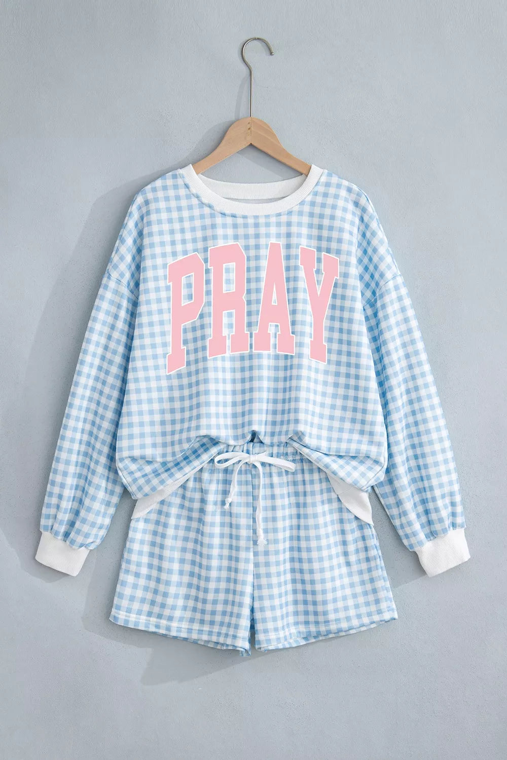 PRAY Plaid Top and Shorts Set in blue, hanger front view