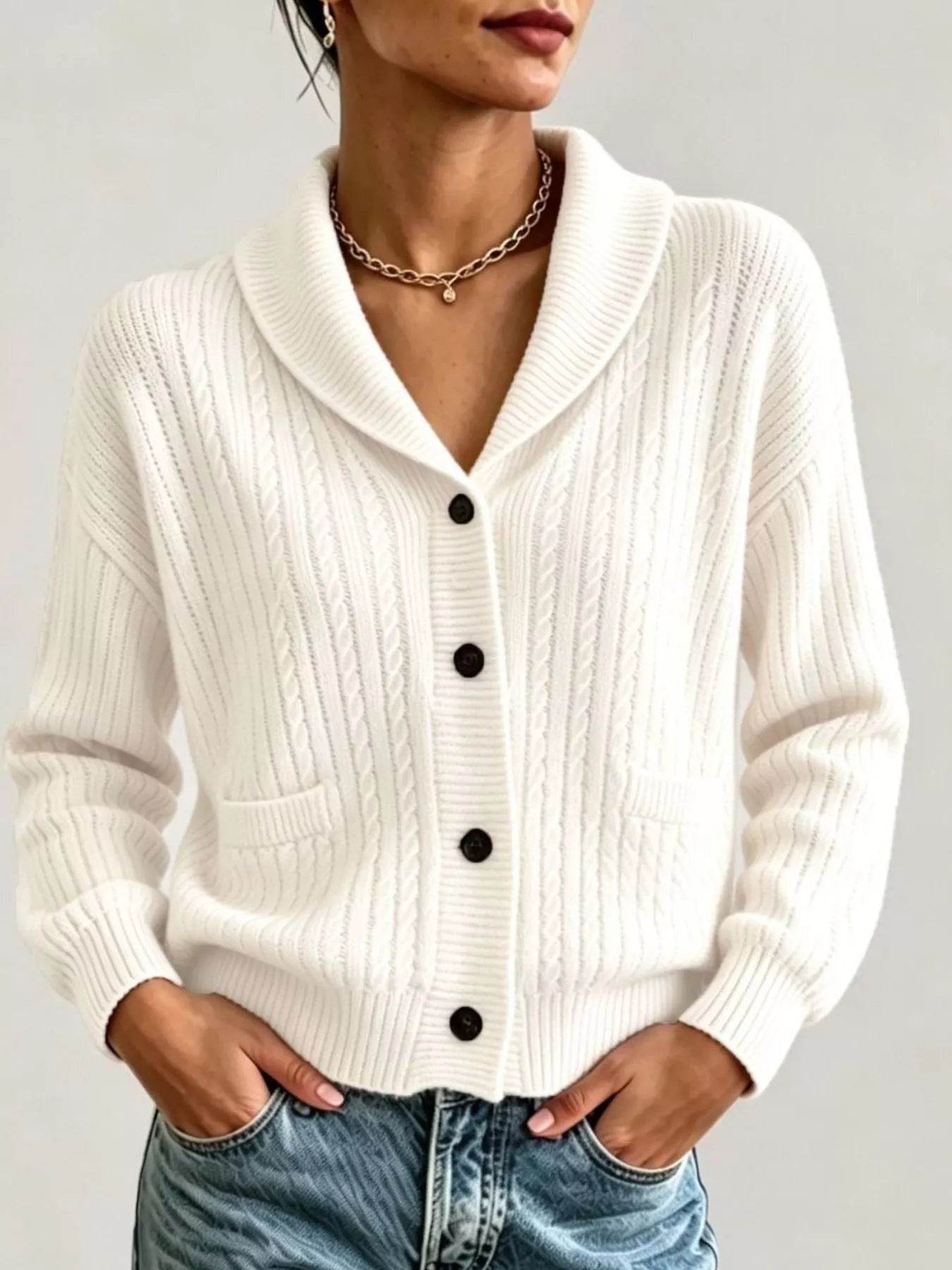 Trendsi Full Size Shawl Collar Cable Knit Cardigan Plus Size -
