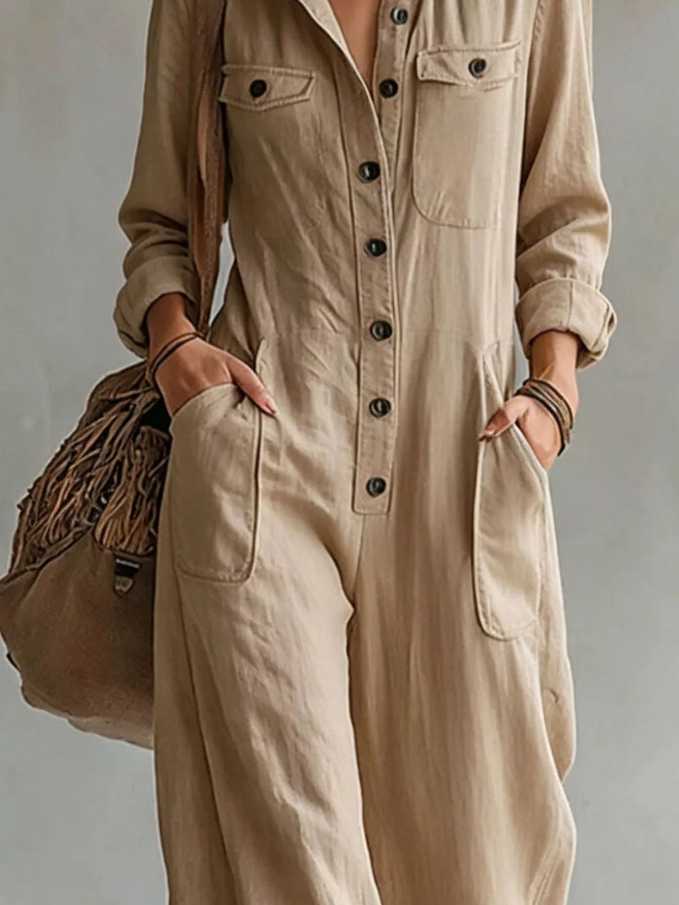 Trendsi Full Size Long Sleeve Button Front Jumpsuit Plus Size -