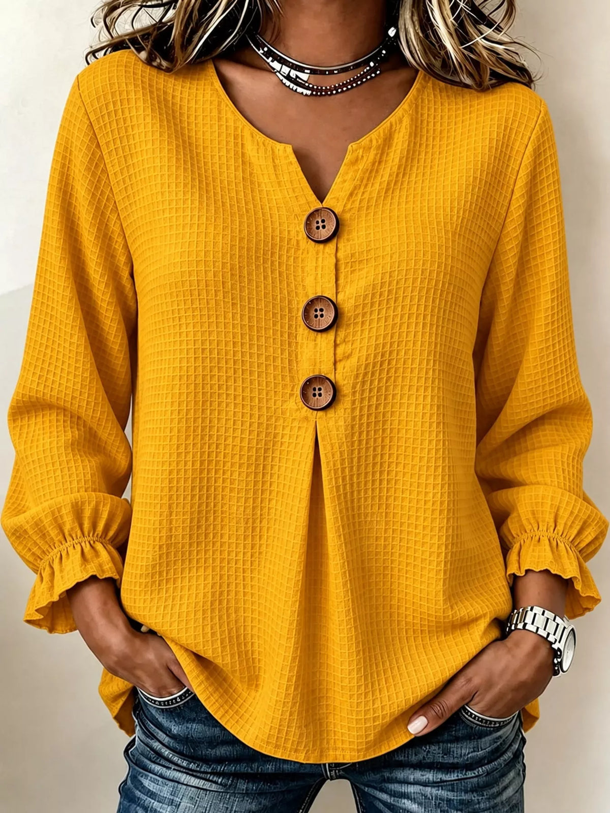 Women's Waffle Knit Flounce Sleeve Blouse in mustard — front view