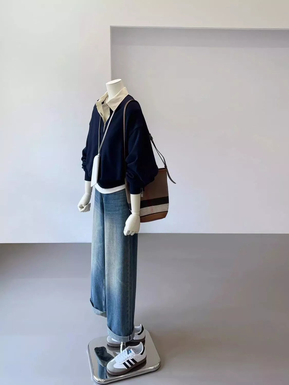 Navy polo-collar layered-look sweatshirt