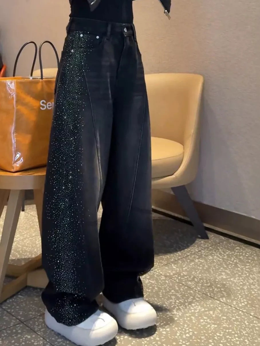 Rhinestone Embellished Wide-Leg Jeans in black