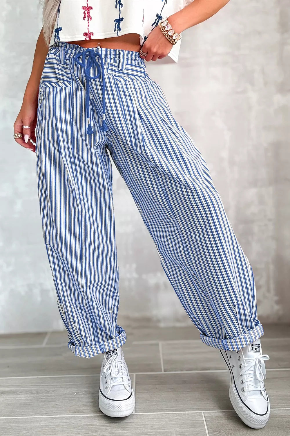 Trendsi Stripe Drawstring Casual Loose Pants -