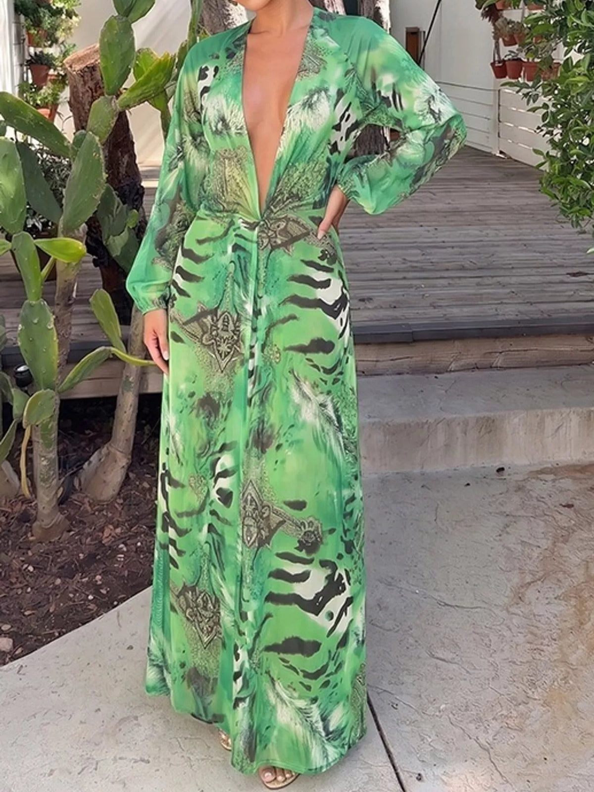 Printed maxi dress, green front