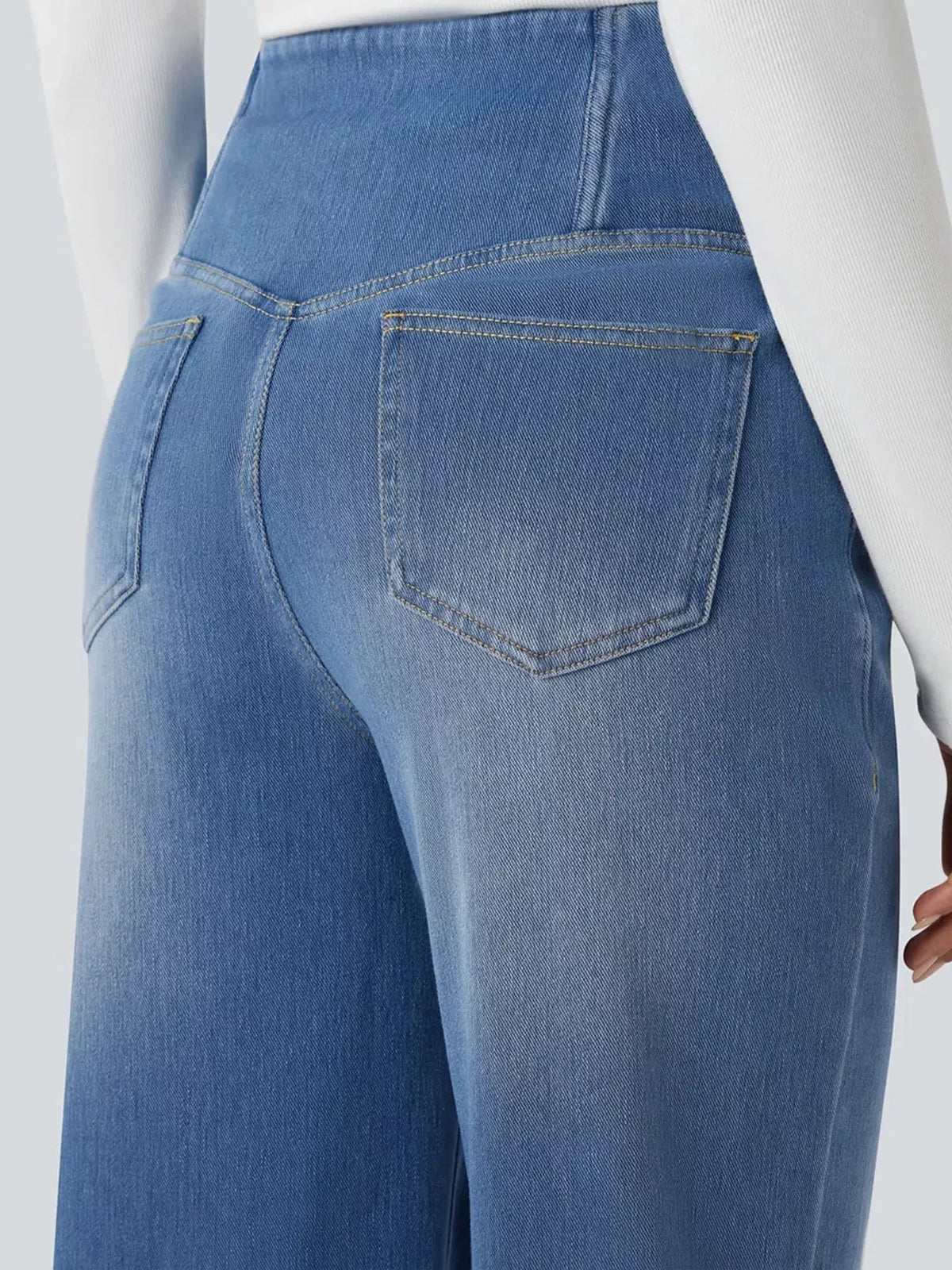 High-Waisted Crossover Straight-Leg Jeans, back pocket detail