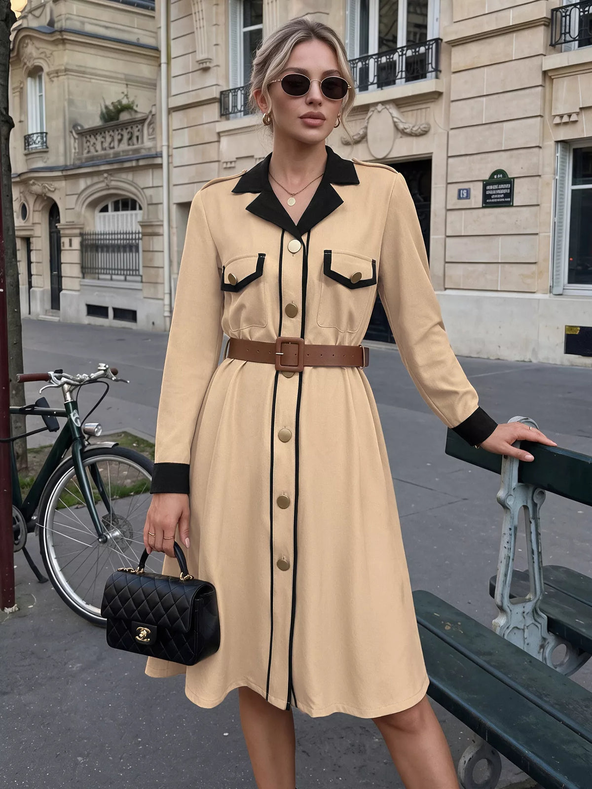 Contrast lapel button front midi shirt dress