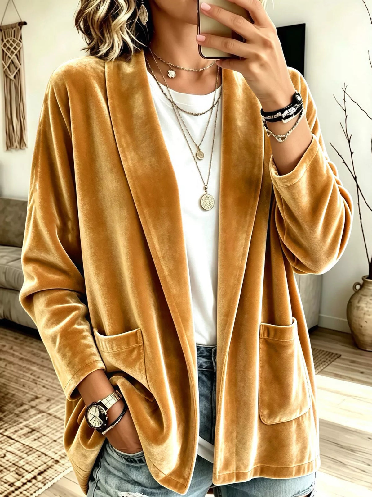 Women's Velvet Open-Front Cardigan in mustard — front view